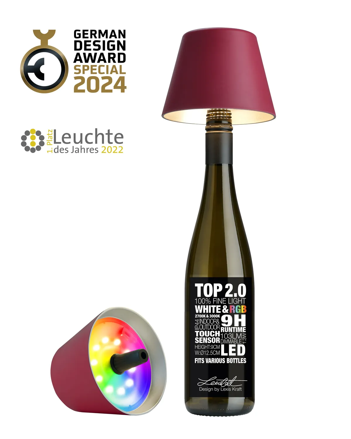 TOP 2.0 - RGB-Akku-Flaschenleuchte bordeaux