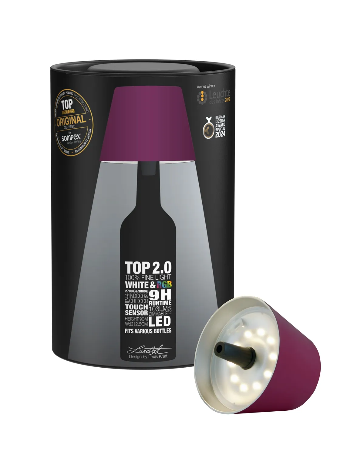 TOP 2.0 - RGB-Akku-Flaschenleuchte bordeaux