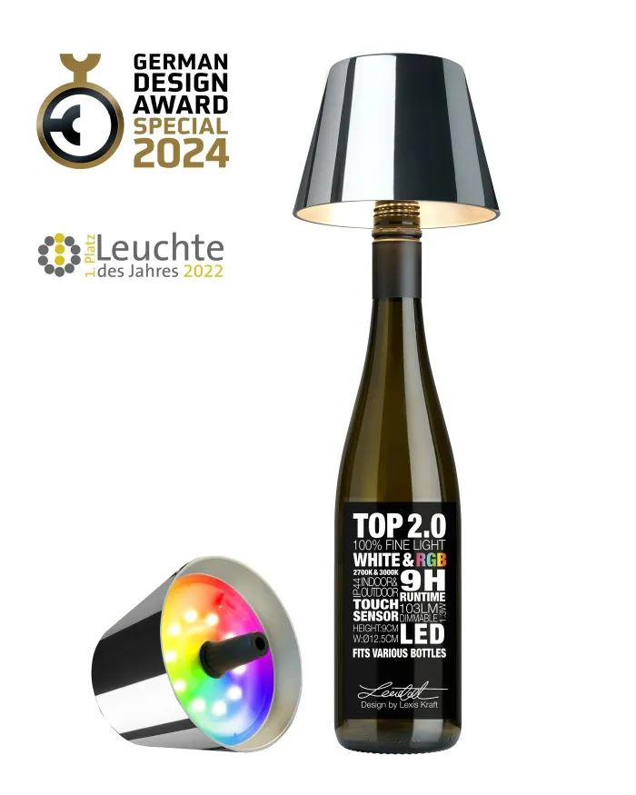 TOP 2.0 - RGB-Akku-Flaschenleuchte chrom