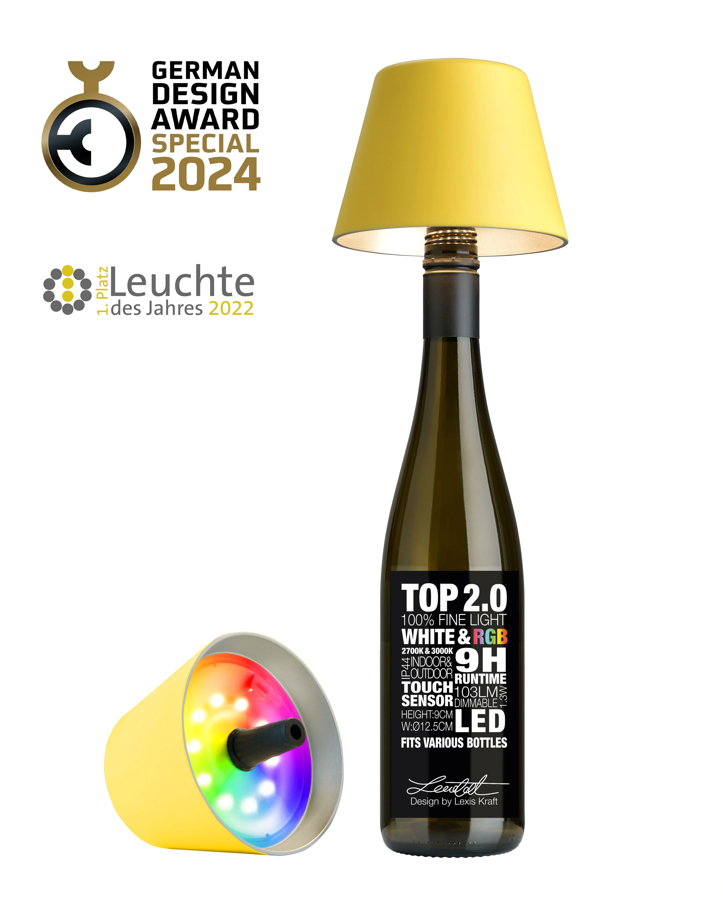 TOP 2.0 - RGB-Akku-Flaschenleuchte gelb