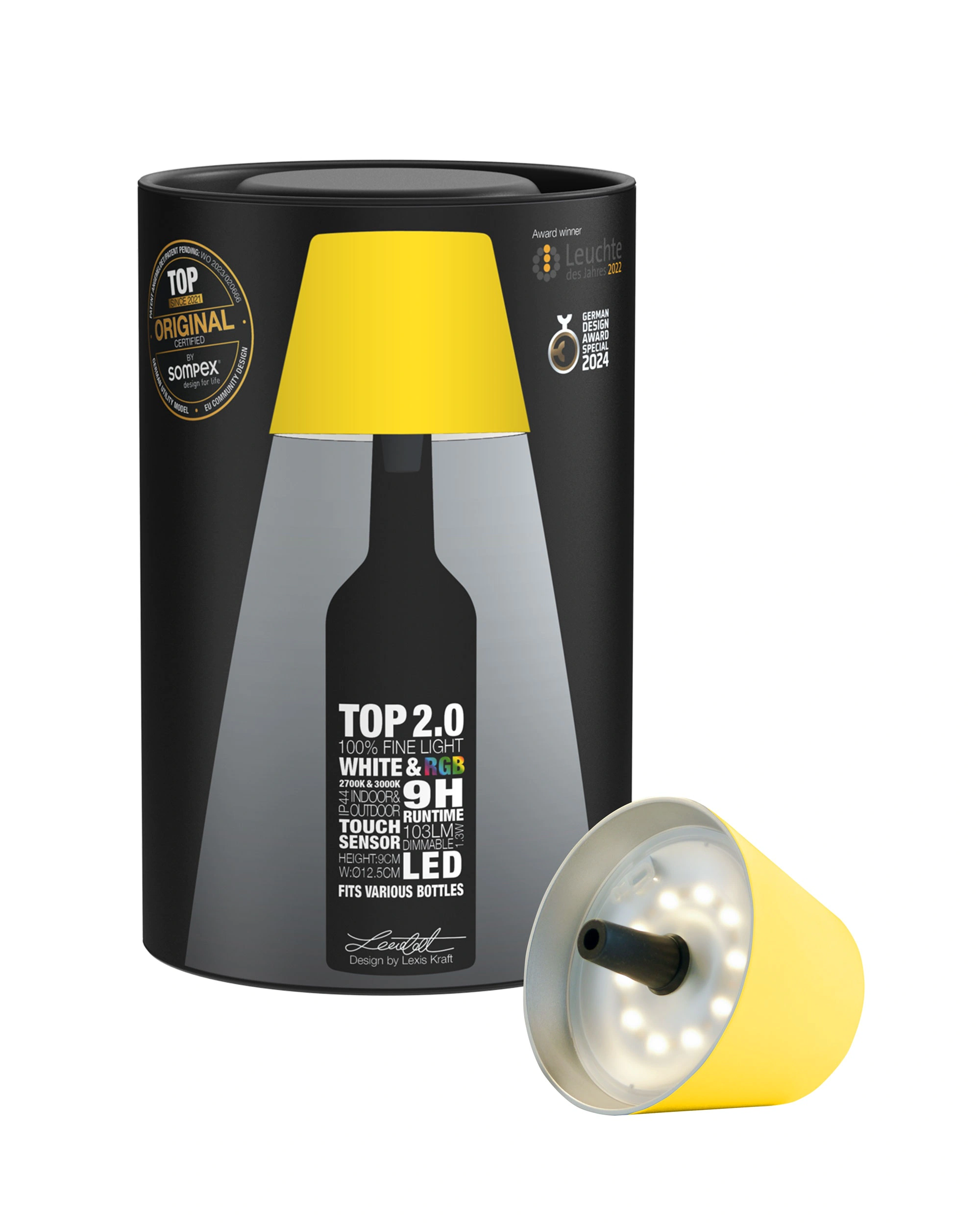 TOP 2.0 - RGB-Akku-Flaschenleuchte gelb